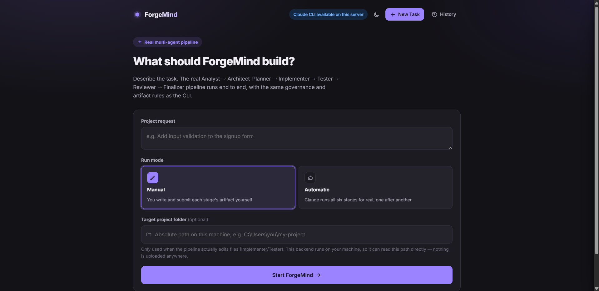 FlowForge multi-agent pipeline interface